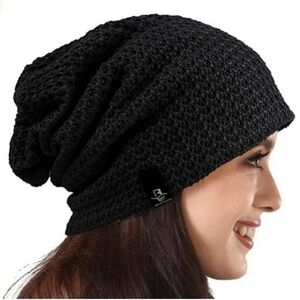 Forbusite | Black Waffle Knit Slouchy Beanie Hat